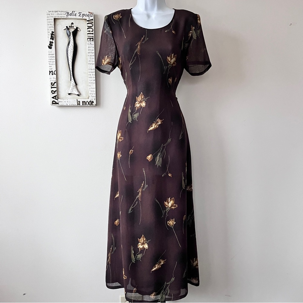Vintage 90s Feminine Sheer Brown Floral Midi Grandma Dress Size S